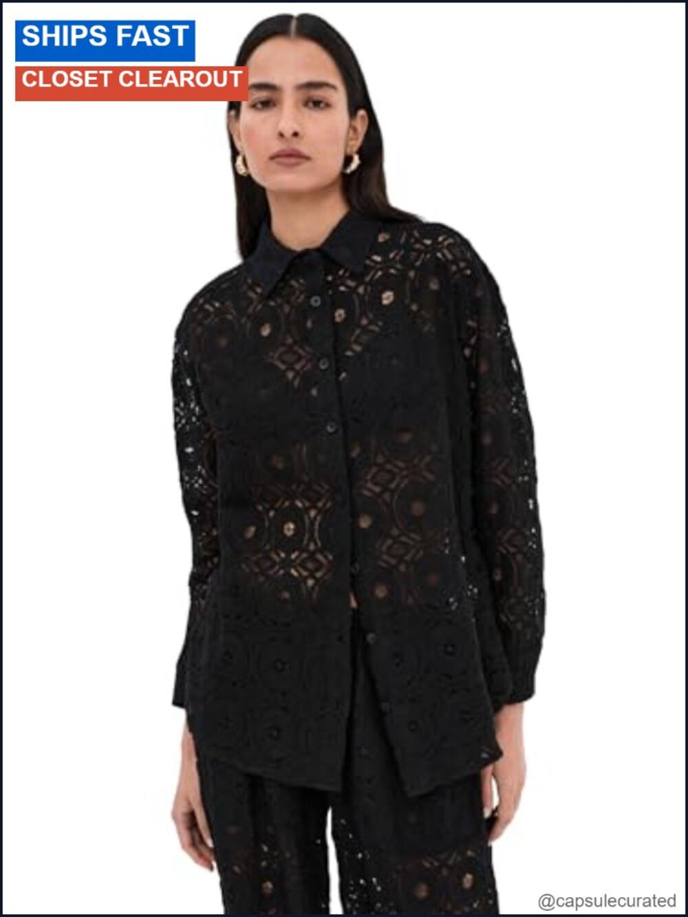 Lace Button-Down Shirt with Collared Neck Long Sleeves